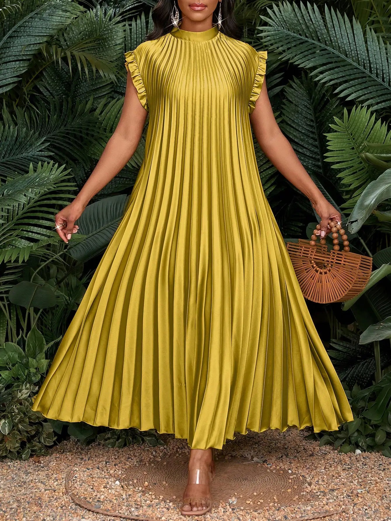 Pleated A-Line Maxi Dress With Stand Collar And Ruffle Cap Sleeves For Party Wedding Beach Event