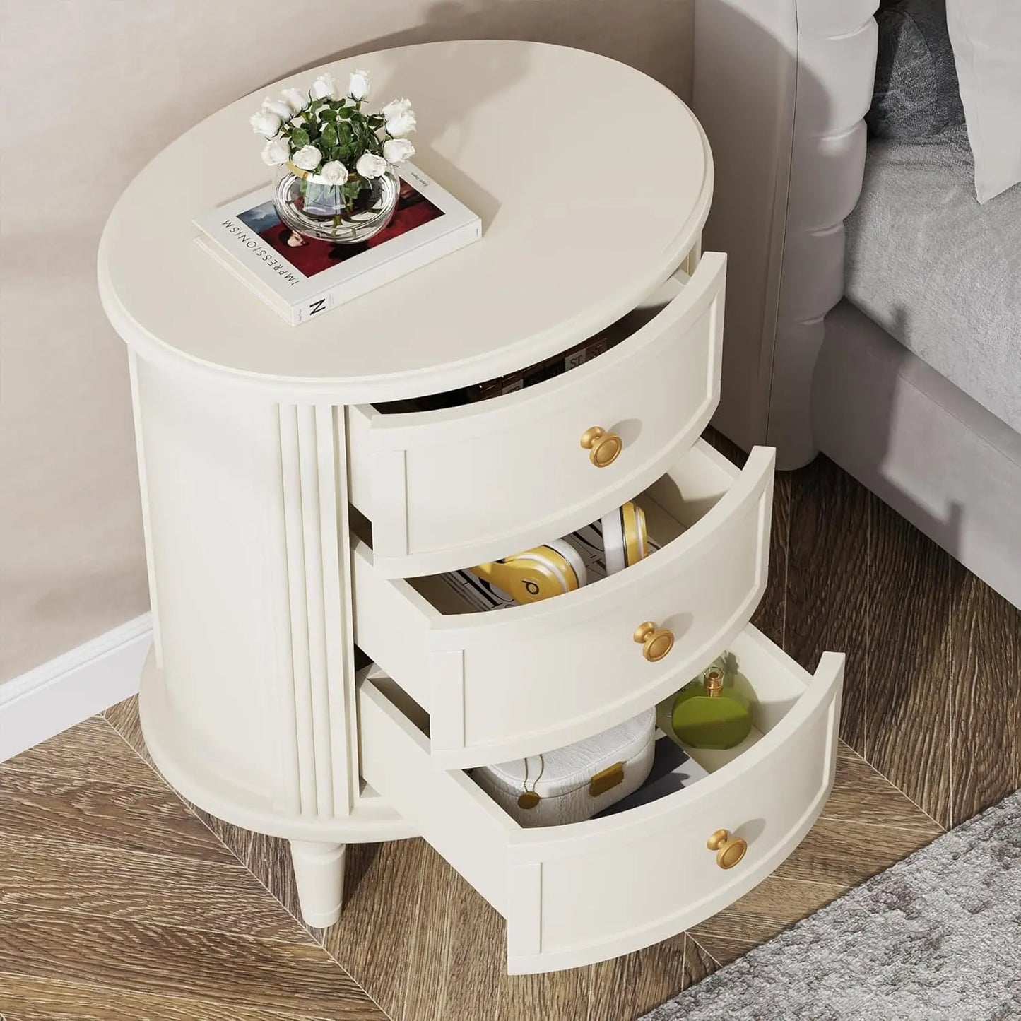Nightstand with 3 Drawers, Oval Bed Side Table for Bedroom, Fully Assembled, Farmhouse Night Stand with Storage, Customized