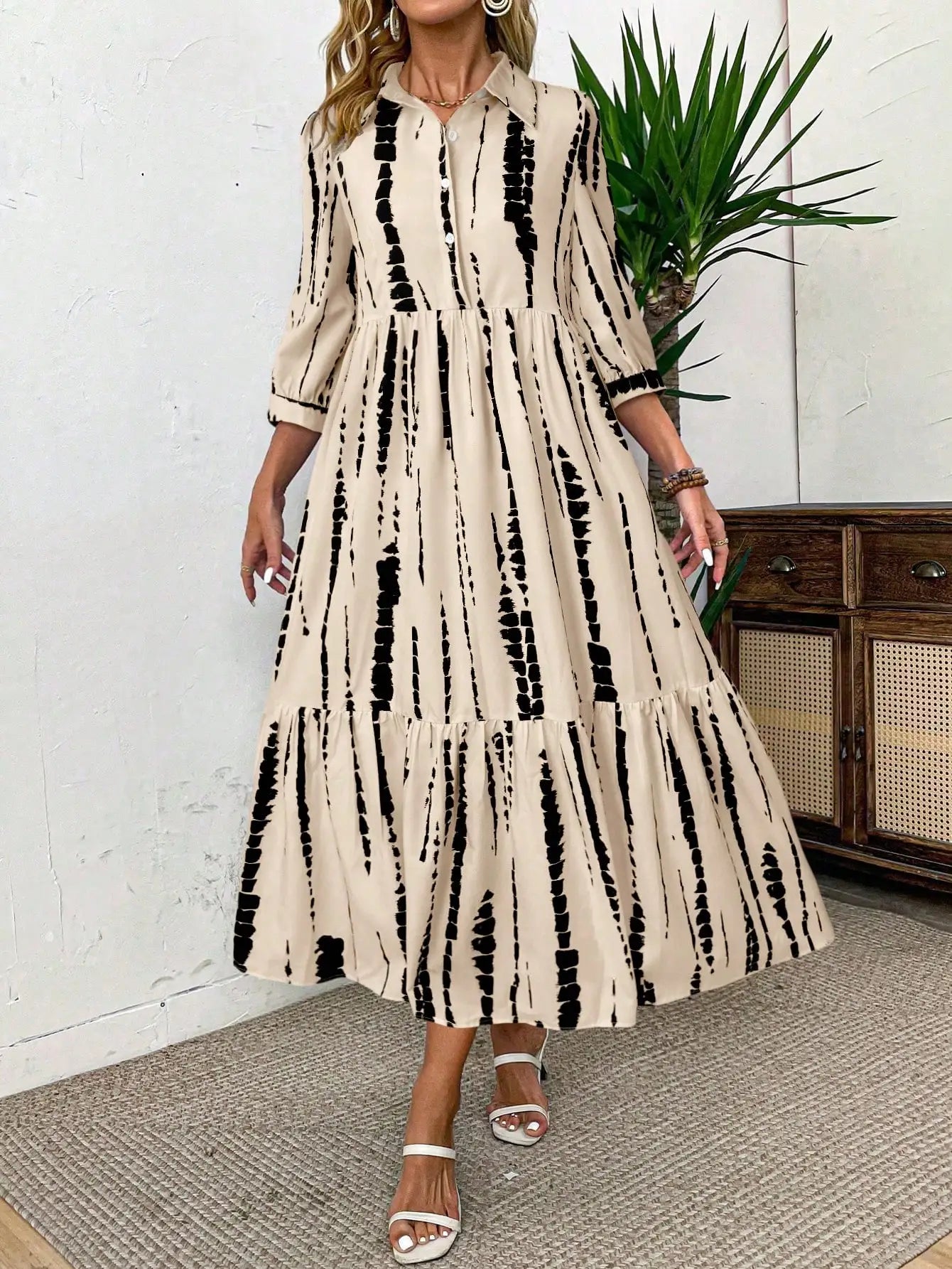 Women Tie Dye Print Casual Shirt Dress With Tiered Skirt And Button Front