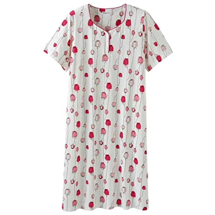 Womens Nightgown for Summer - Soft Cotton Comfortable Short Sleeve Lightweight Floral Sleepwear and Loungewear M-XXL