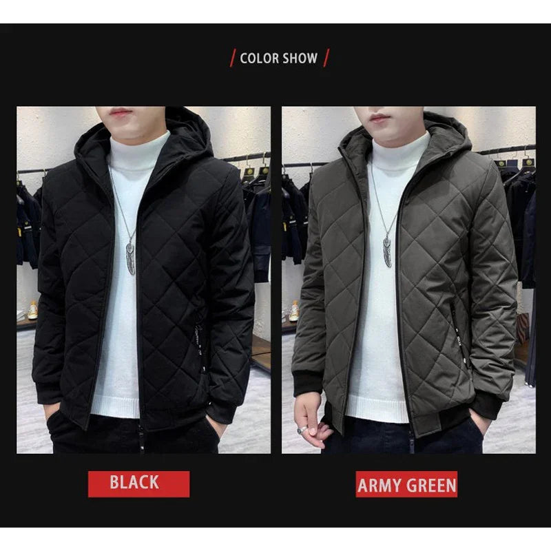 BROWON New Winter Jacket Men Thick Long Sleeve Argyle Hooded Cotton Men Jacket Oversized Plus Velvet Zipper Jacket Parkas Men