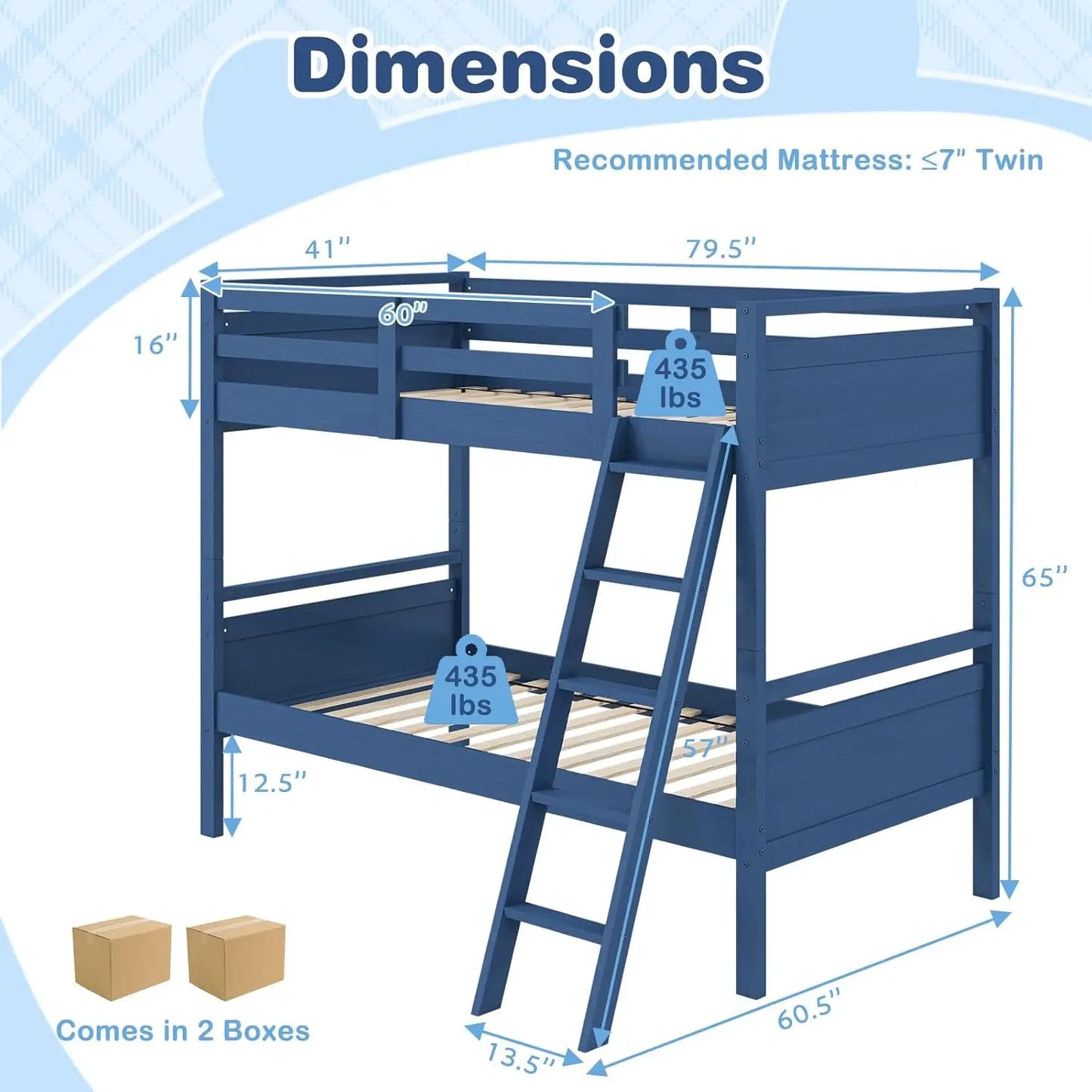 Twin Over Twin Bunk Bed for Kids, Solid Wood Bunk Bed with Ladder and Safety Guardrails, Convertible into 2, Customized