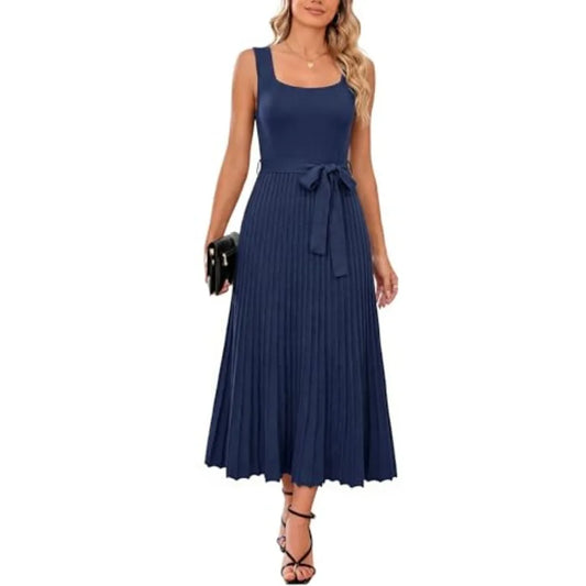 ArachandCloz Women's Wool Blend Square Neck Tie Waist Pleated Summer Sweater Dress 2026