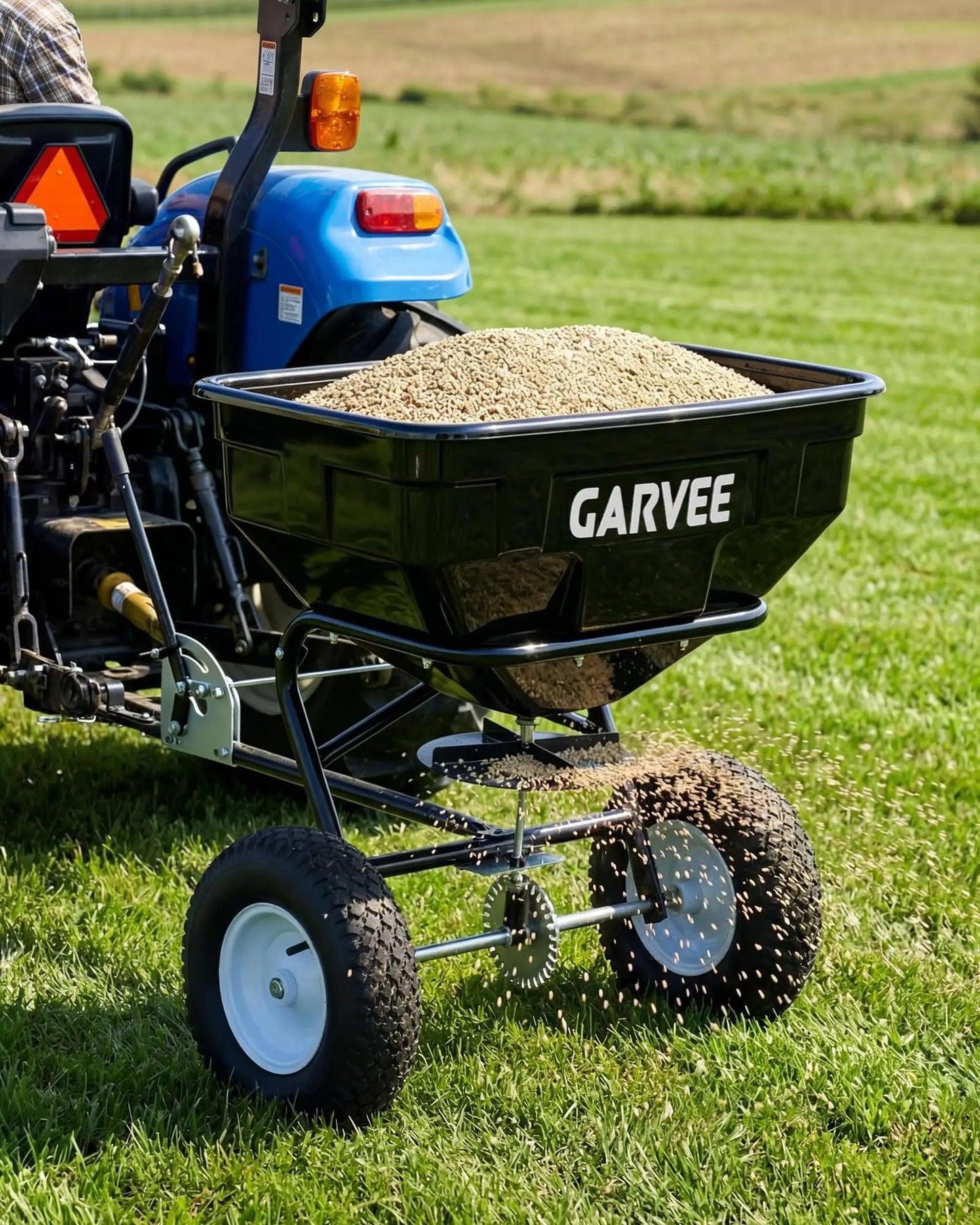 130LBS Universal Tow Push Garden Broadcast Spreader 10FT Lawn Seed Fertilizer Salt Spreader 13in Pneumatic Tires ATV Tractor Fit