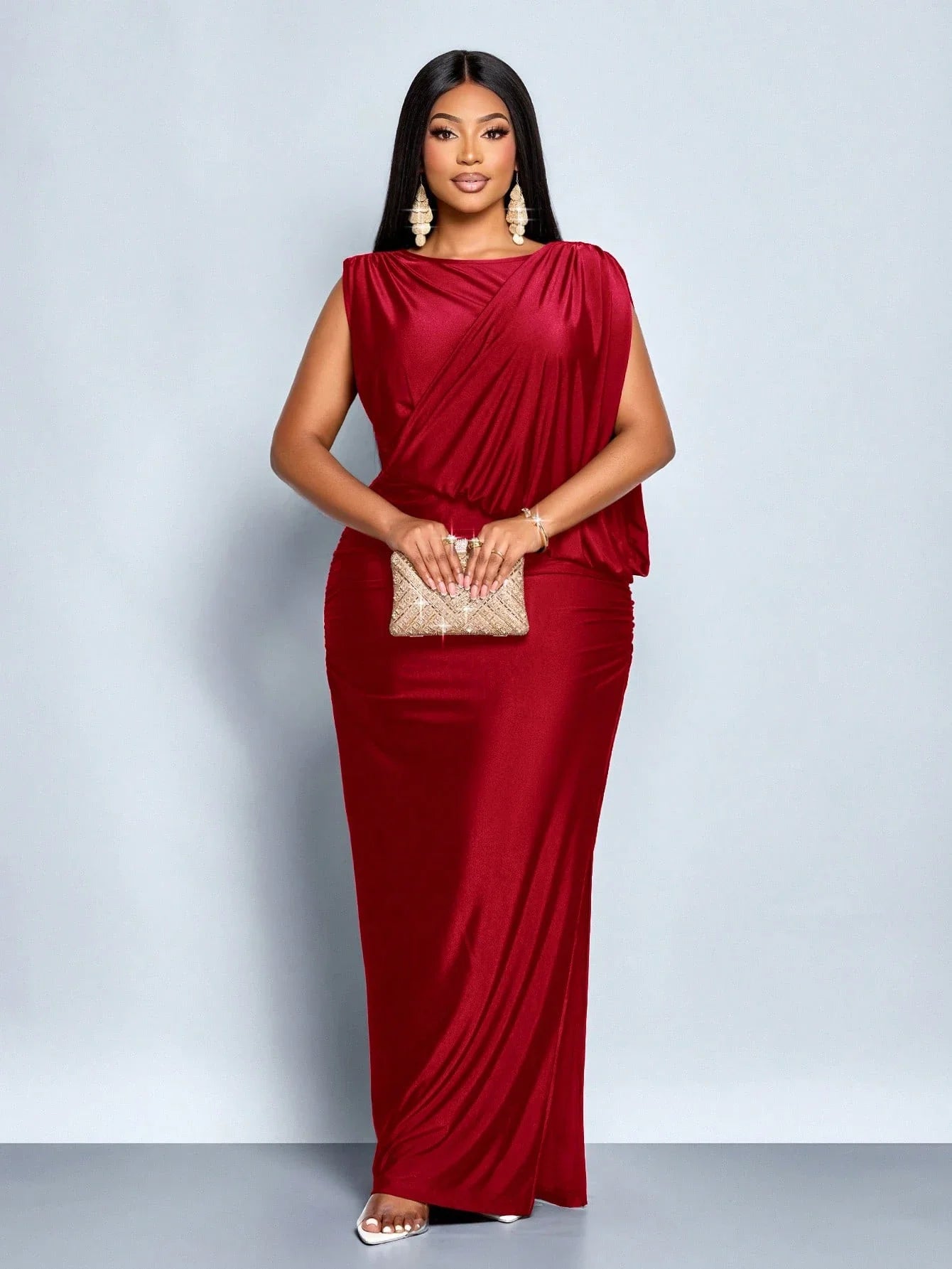 Elegant Red Sleeveless Asymmetrical Draped Maxi Dress With Side Slit For Party Evening Prom
