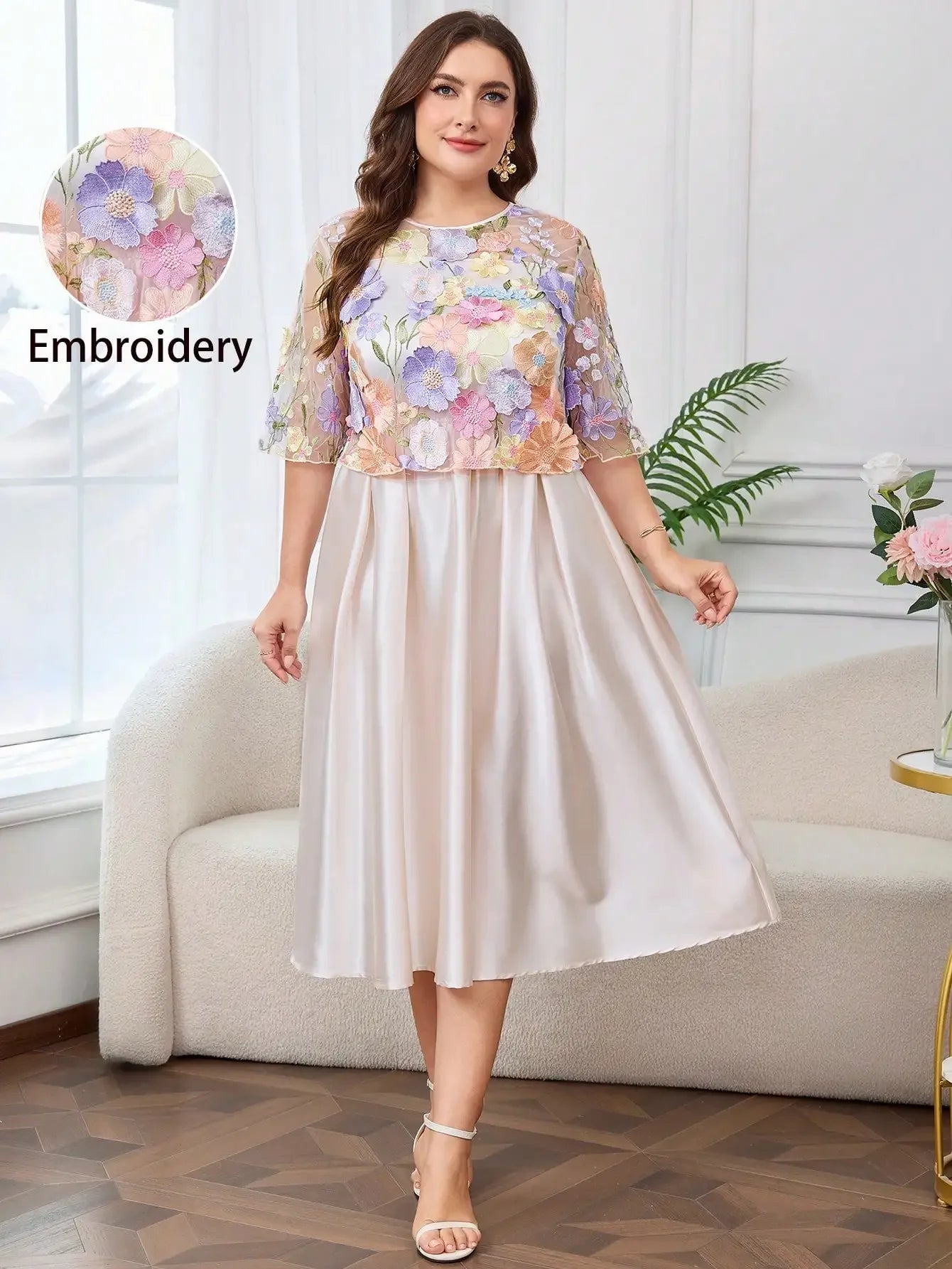 Plus Size Floral Embroidery Elegant Round Neck Midi Dress For Spring Summer