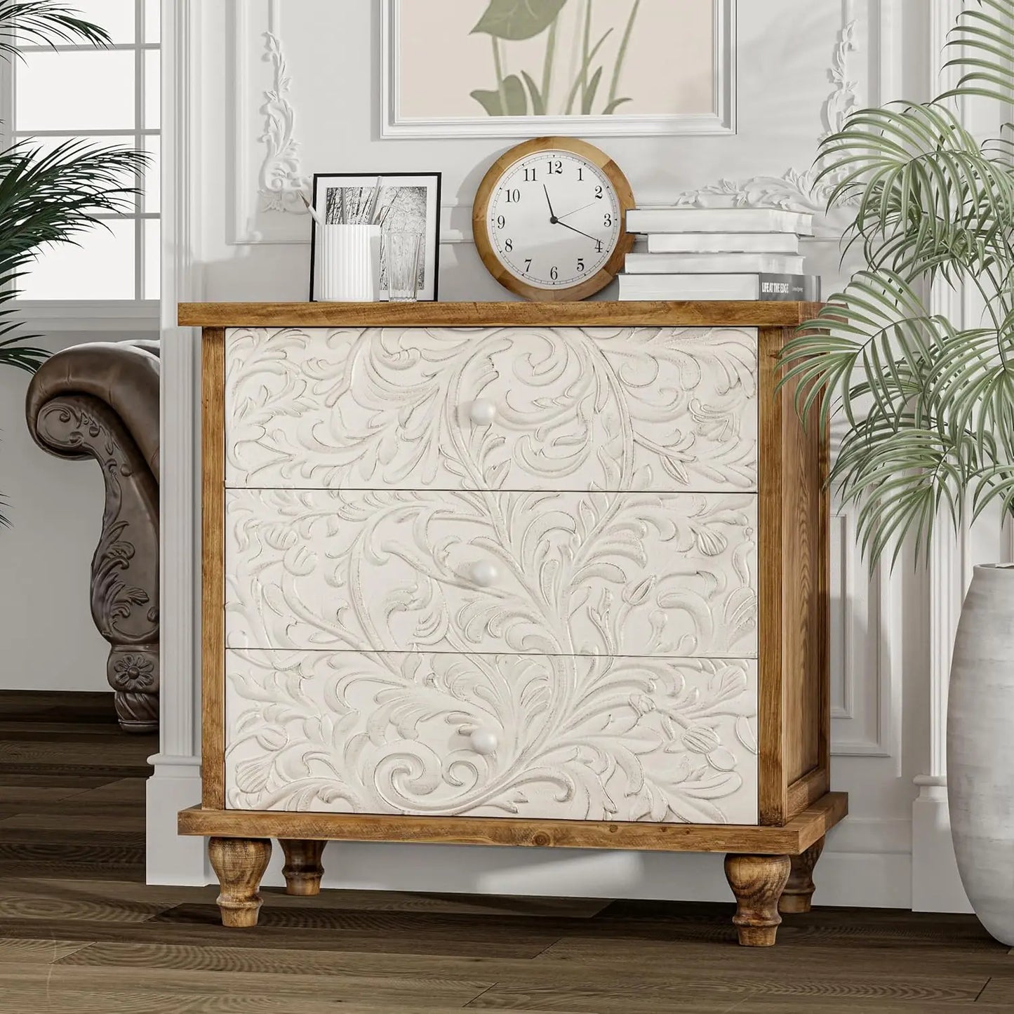 3 Drawer Farmhouse Dresser with Embossed Weathered Flower Motif, Vintage Nightstand for Bedroom, Almost, Customized