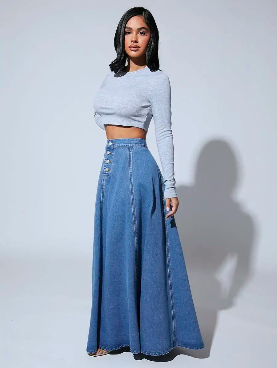 Front Button High-Waisted Denim Maxi Skirt for Women