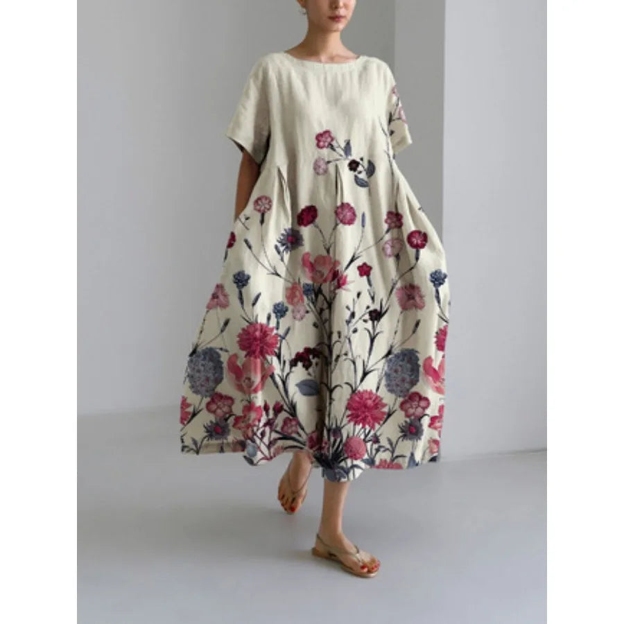 【New style】 - summer new European and American women's clothing loose round neck fashionable high-end short-sleeved printed dre