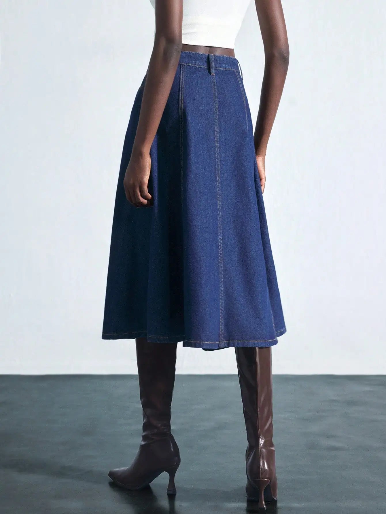 Women's Blue Denim A-Line Midi Skirt with Pocket, Low Waist, 90% Cotton