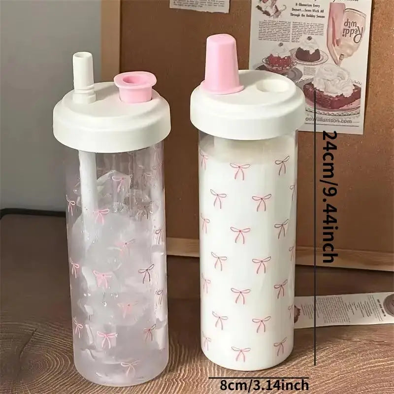 Portable Plastic Water Cup With Straw Bowknot Large Capacity