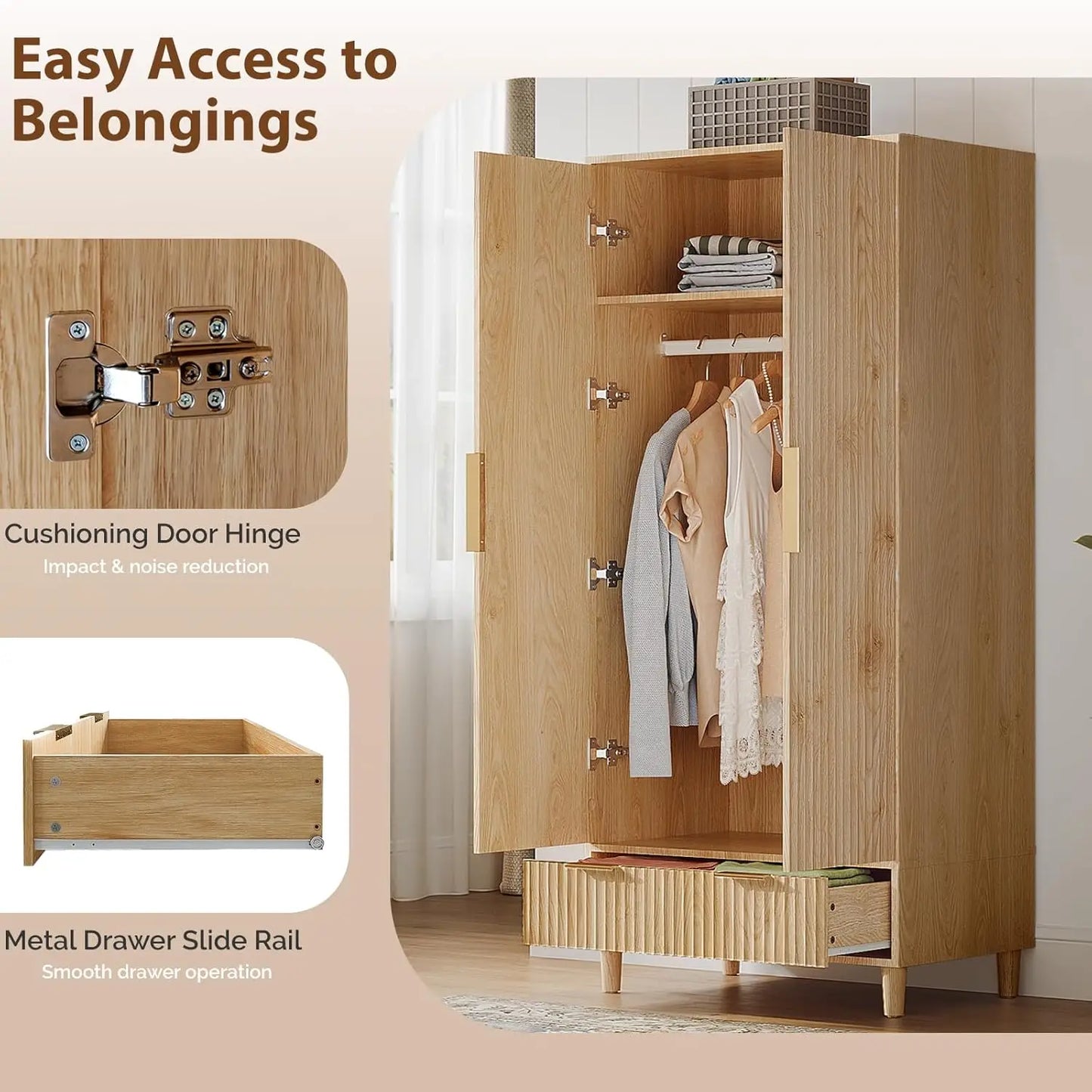 Fluted Wardrobe Closet Armoire with Doors And Drawers, Wardrobe Cabinet with Hanging Rack, Bedroom Closet Wood, Oak, Customized
