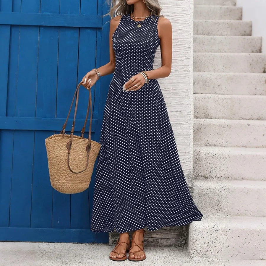 European and American 2026 new style retro vacation style mid-length dress sleeveless waist lace back-off polka dot dress