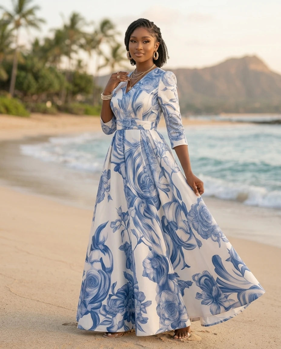 Women's V Neck Three Quarter Sleeve Printed Pleated Maxi Dress For Wedding Guest Beach Banquet Elegant Fashion Occasions