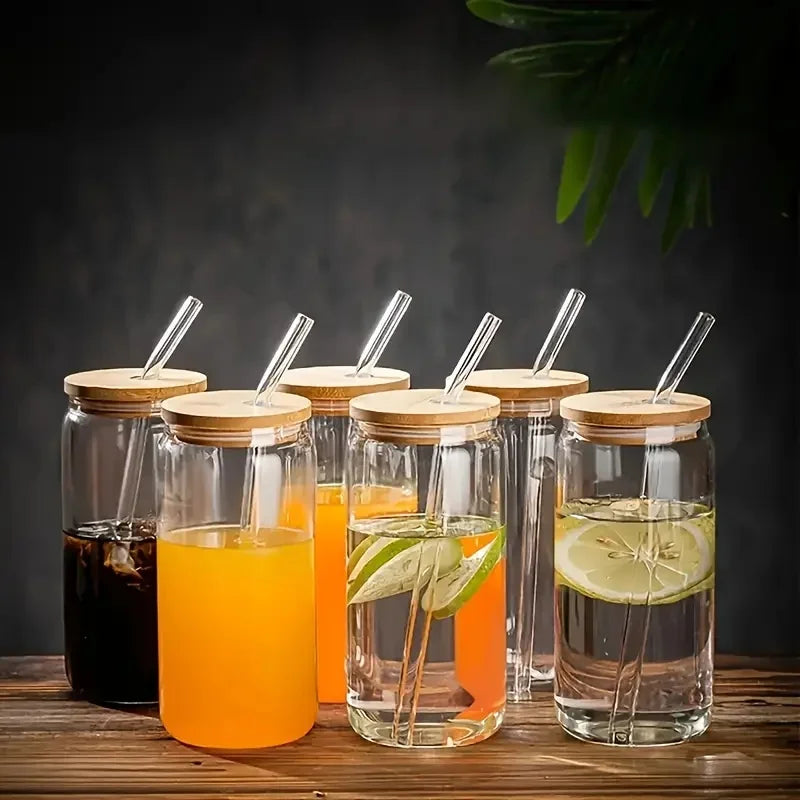 NONEDrinkware Glasses Set With Bamboo Lids And Glass Straws