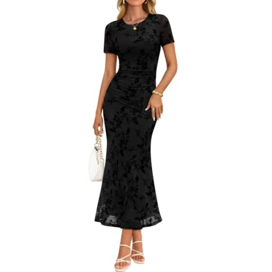 ZESICA Women's Summer Floral Bodycon Long Dress Ruched Mesh Beach Vacation Formal Cocktail Party Wedding Guest Maxi Dresses