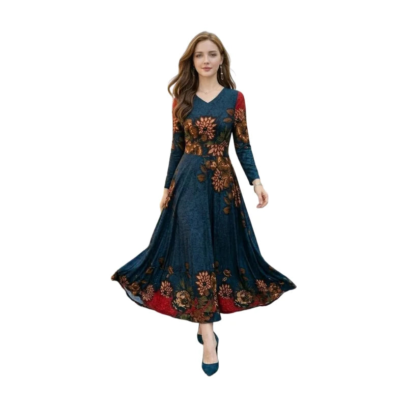 Women's V Neck Long Sleeve Color Block Floral Print Flowy Maxi Dress For Travel Dinner Outdoor Weekend Fashion Occasions