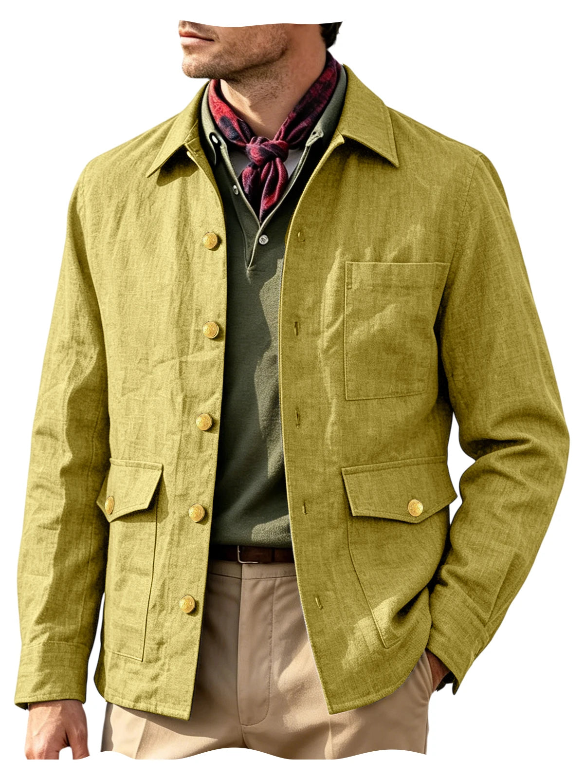 Mens Vintage Linen Jacket With Breathable Gold Button Lapel Design