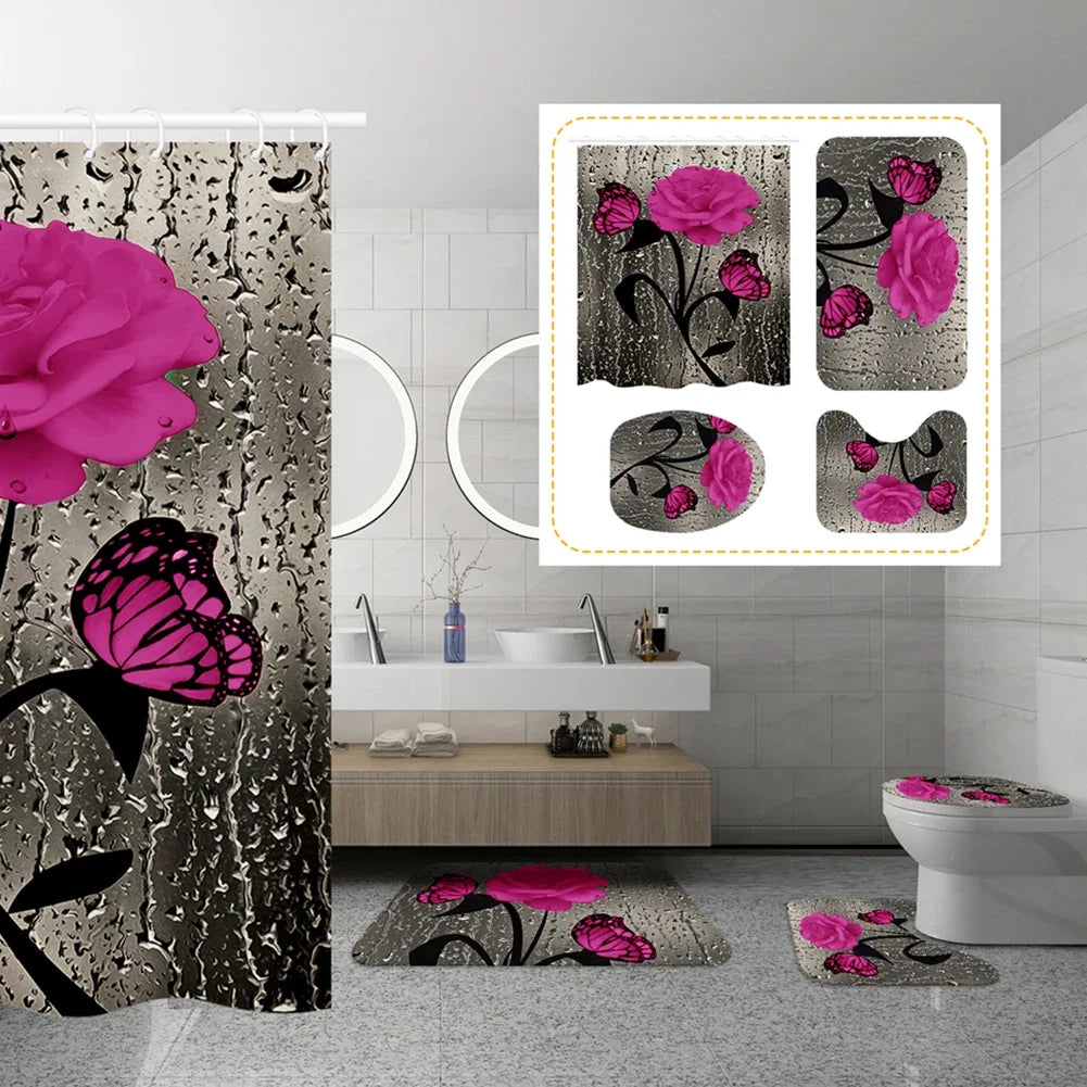 Shower Curtain Set With Bath Mat And U Shape Toilet Lid Cover