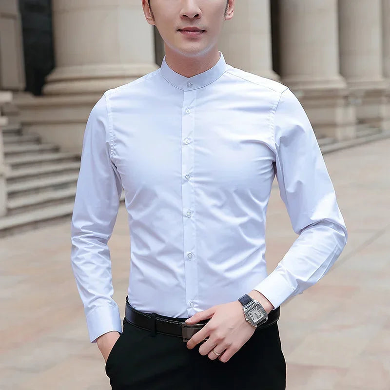 Browon Mens Business Cotton Shirt With Stand Collar Slim Fit