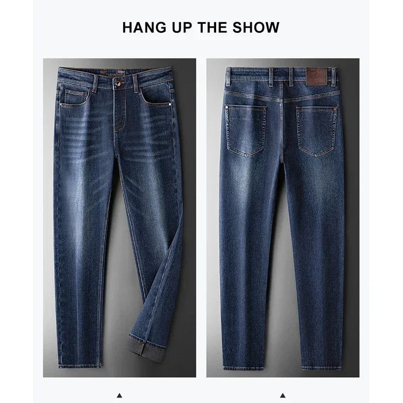BROWON Brand Mens Jeans Autumn and Winter Thickened Wash Jeans Men Pants New Business Casual Straight Cotton Demin Trousers Male