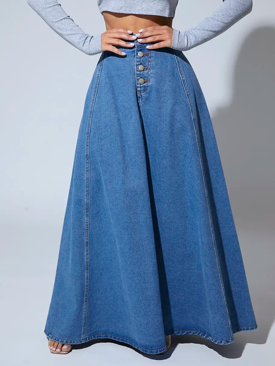 Front Button High-Waisted Denim Maxi Skirt for Women