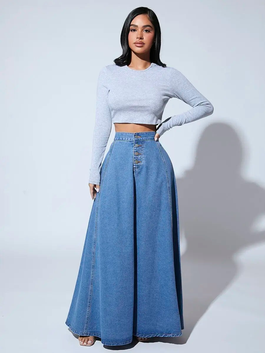 Front Button High-Waisted Denim Maxi Skirt for Women