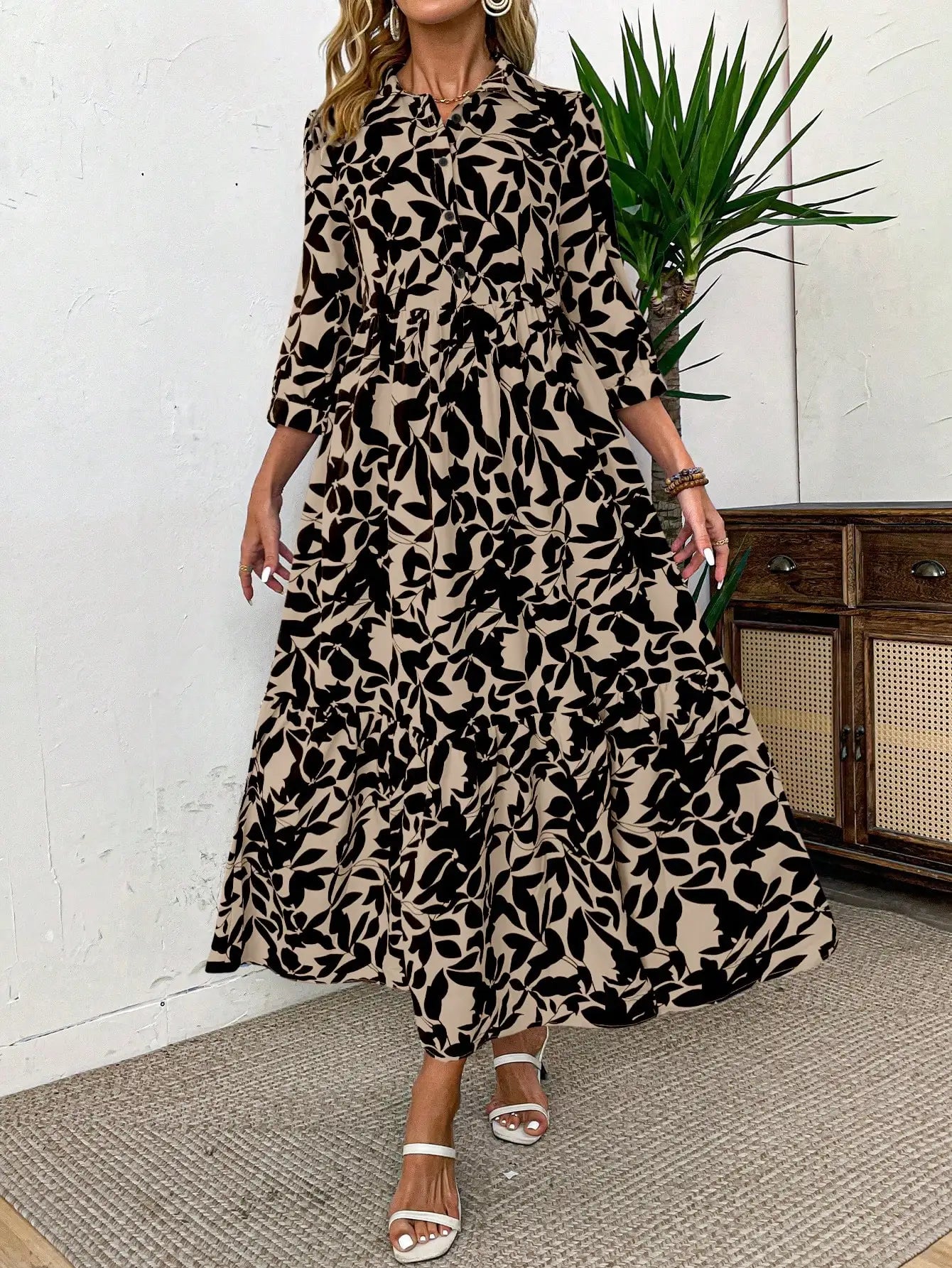 Women Tie Dye Print Casual Shirt Dress With Tiered Skirt And Button Front