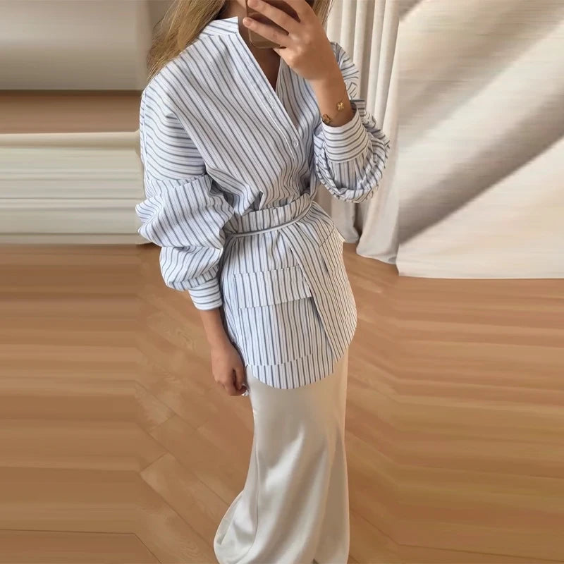 Fashion Women's Striped Shirt Casual Stand Up Collar Long Sleeved Detachable Lace Up Skirt 2026 Spring Lady Commuting Outfit New