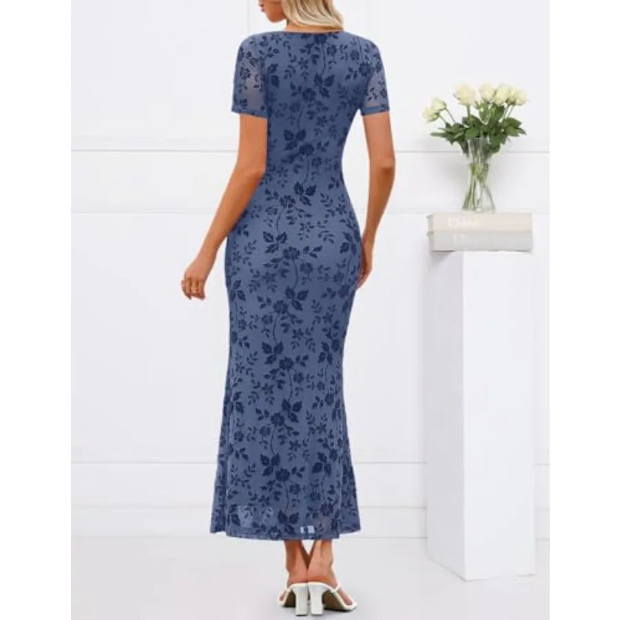 MEROKEETY Women Summer Floral Wedding Guest Maxi Dress 2026 Short Sleeve Square Neck Mesh Bodycon Cocktail Party Long Dresses