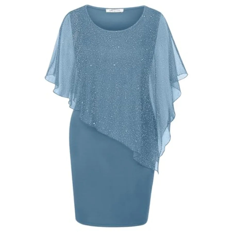 SeSe Code Women's Mesh Cape Overlay Bodycon Knee Length Pencil Dress for Wedding Guest