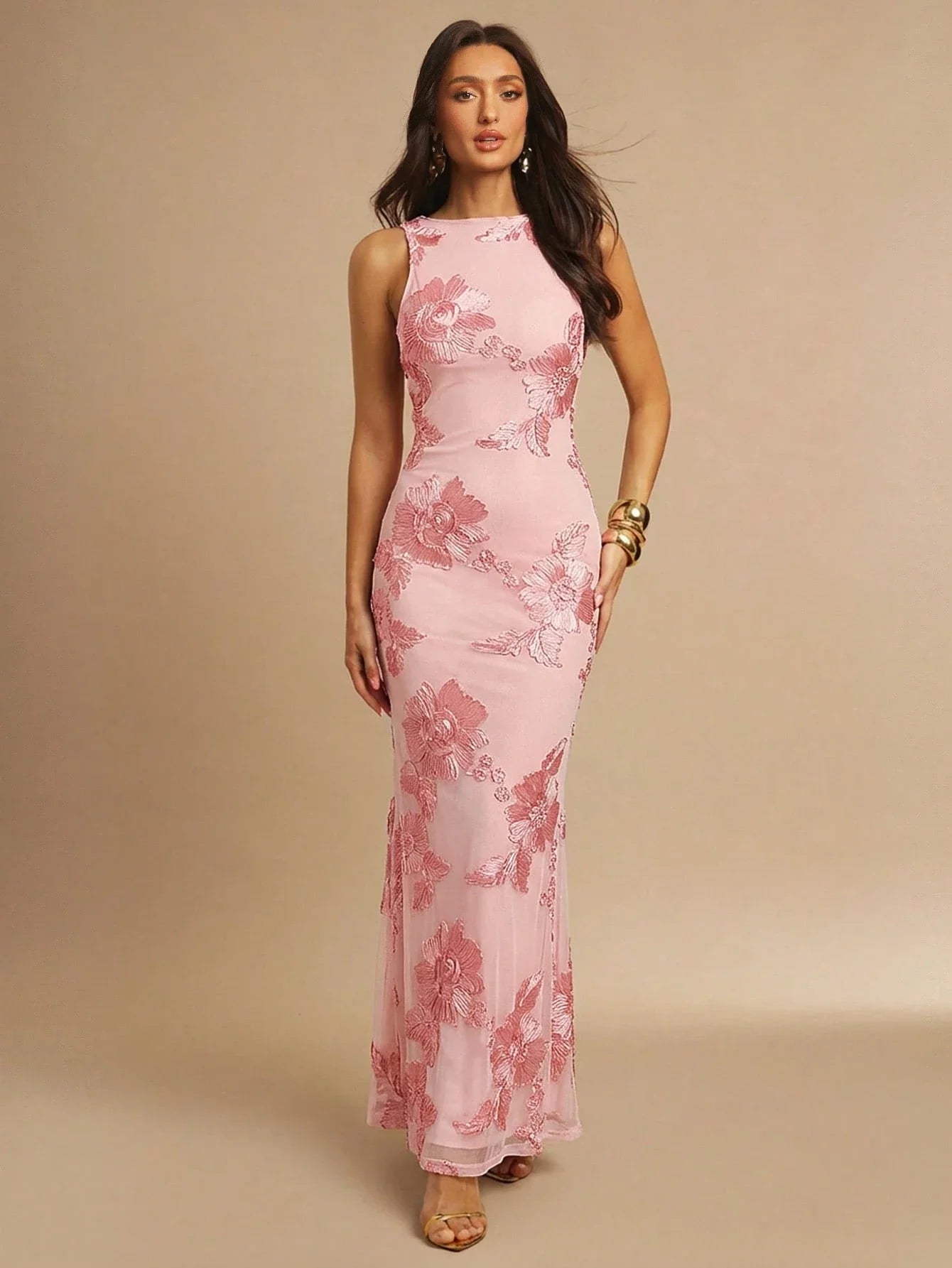 3D Floral Embroidered Fitted Sexy Maxi Dress
