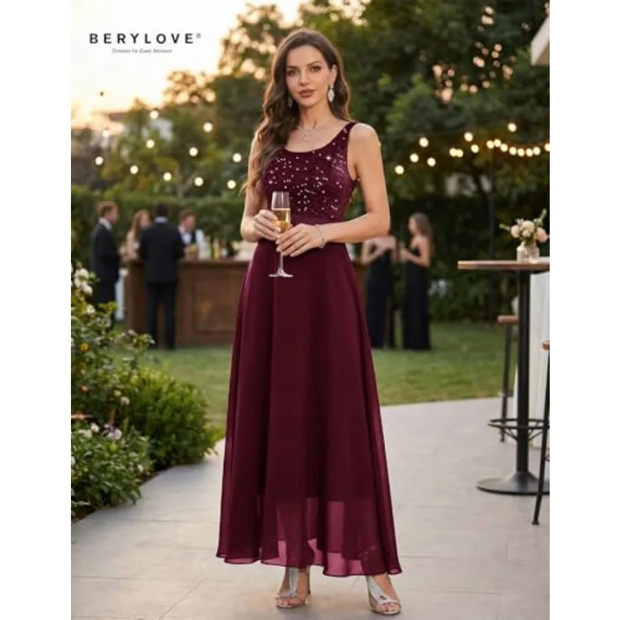 BeryLove Sequin Formal Dress for Woman A Line Lace Prom Dresses Sleeveless Cocktail Maxi Gowns