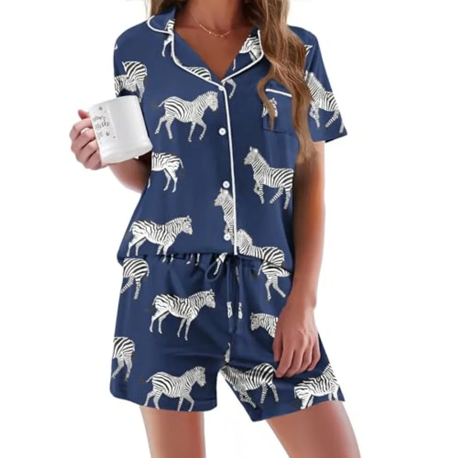 Ekouaer Pajamas Set for Women Short Sleeve Sleepwear Button Down Pjs Soft 2 Pcs Lounge Sets XS-XXXL