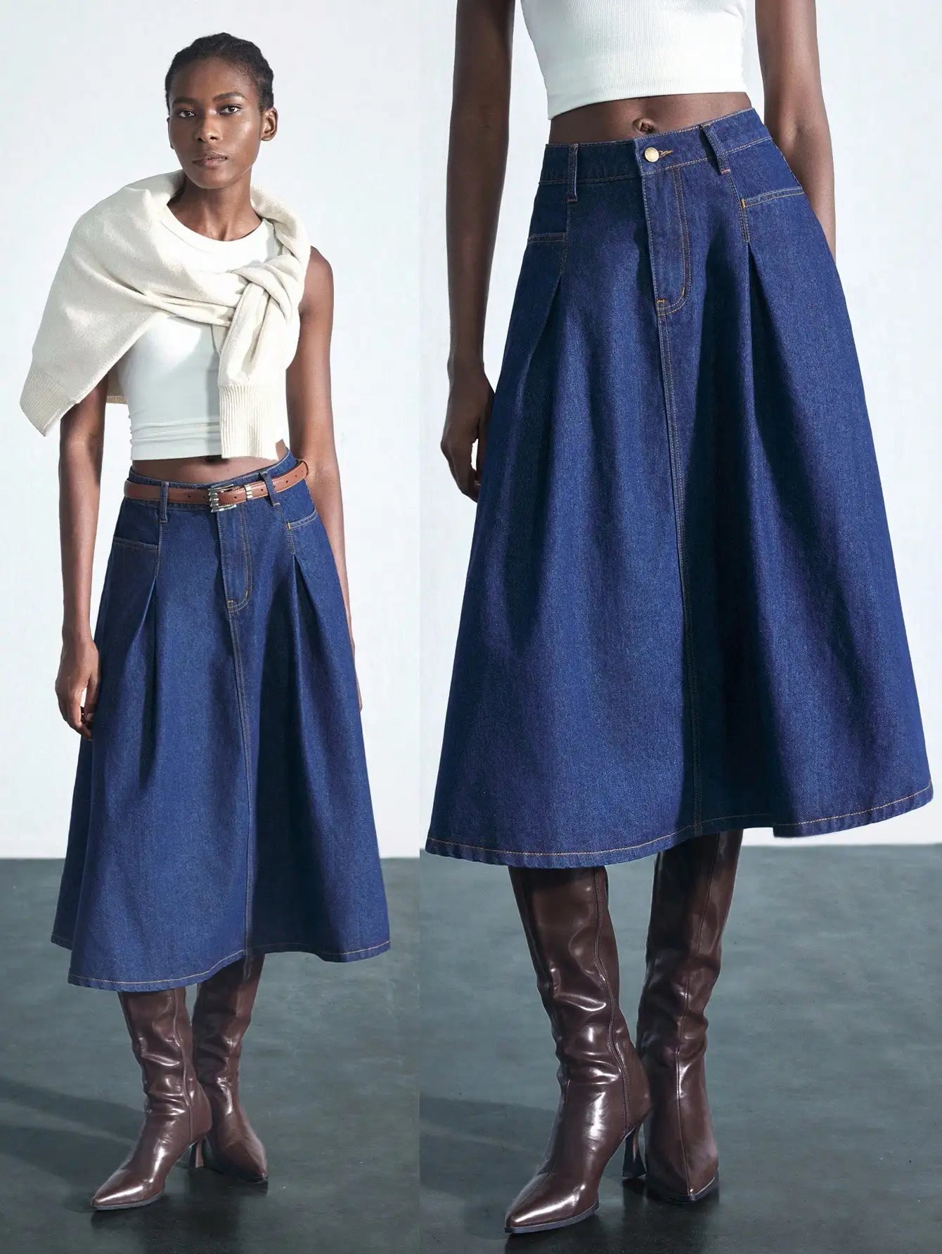 Women's Blue Denim A-Line Midi Skirt with Pocket, Low Waist, 90% Cotton
