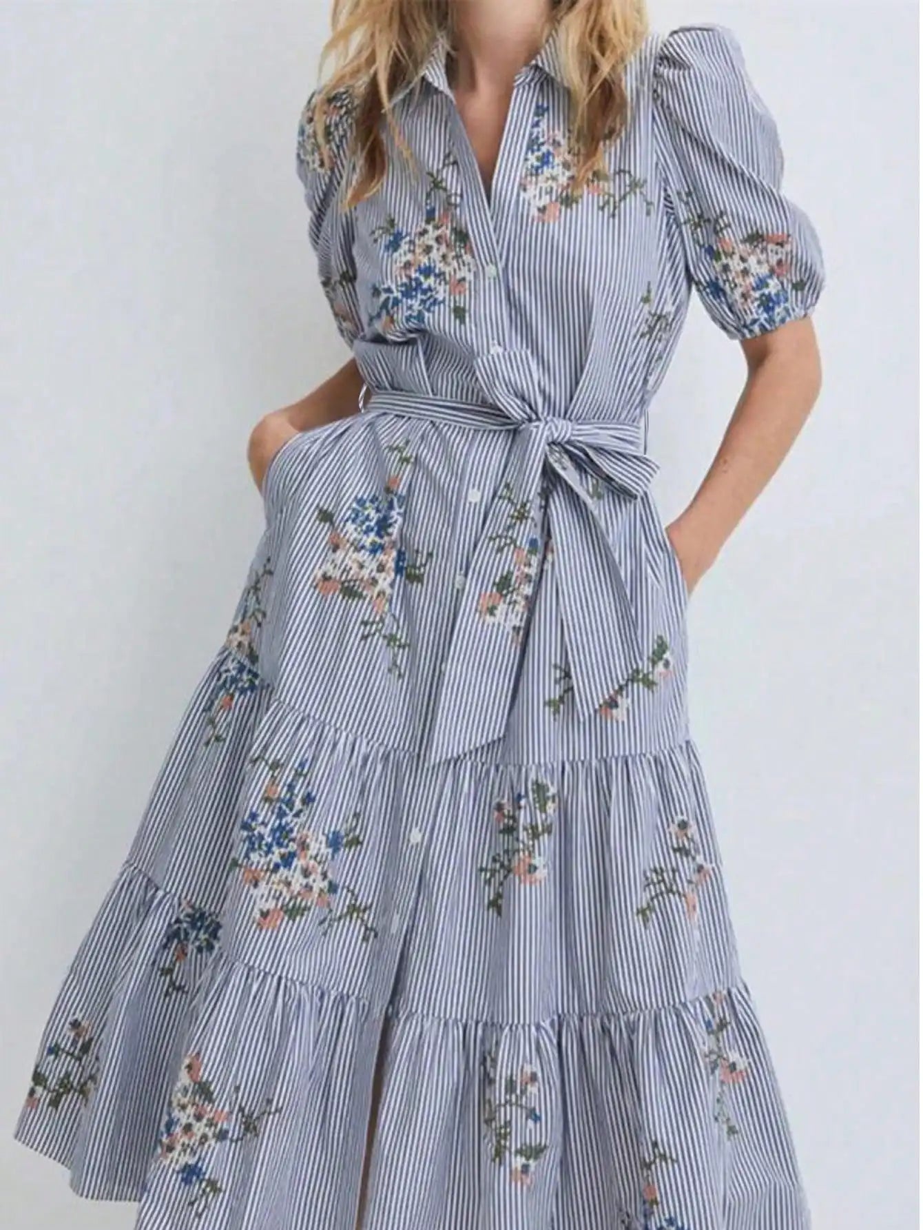Women's Striped Floral Embroidered Midi Dress With Collar Puff Sleeves Tie-Up Waist
