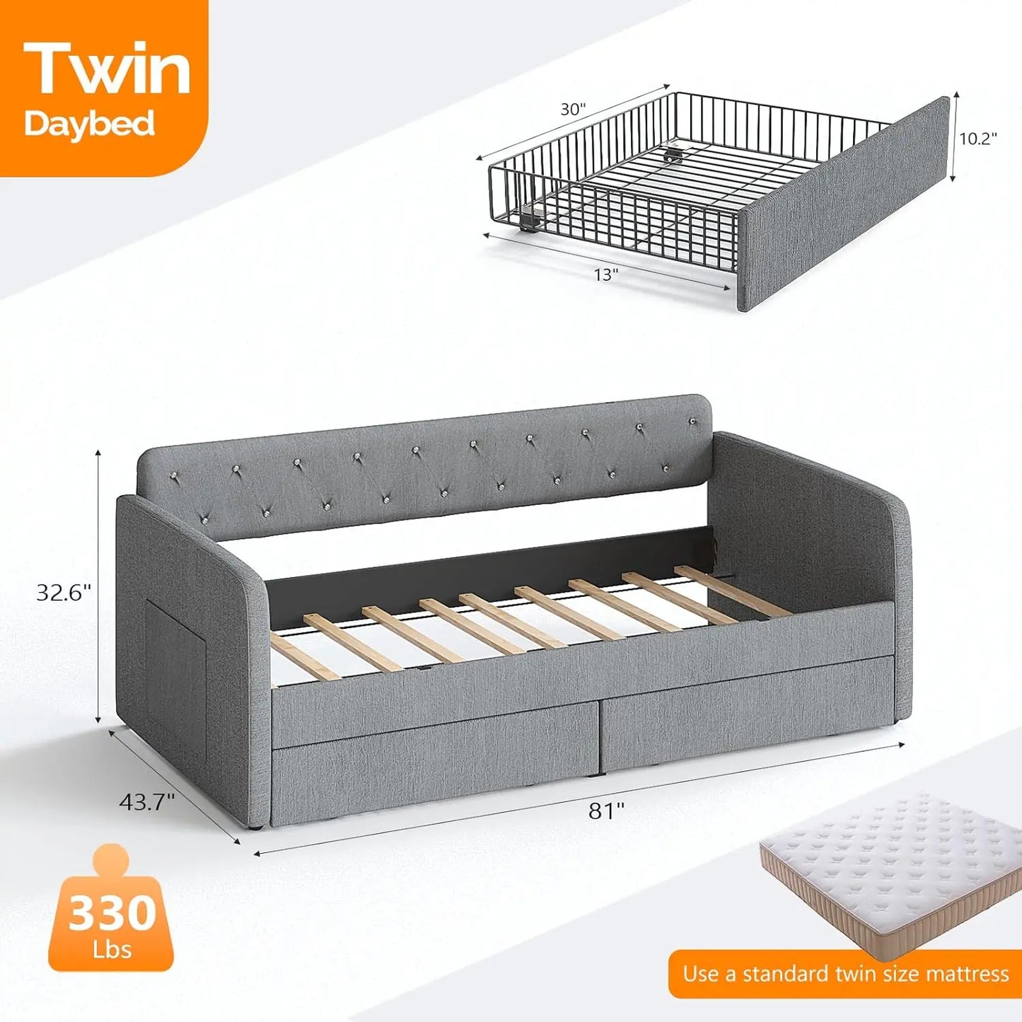 Twin Size Daybed with 2 Storage Drawers and Pockets, Chenille Fabric with Diamond Buttons, Upholstered Comfy, Customized