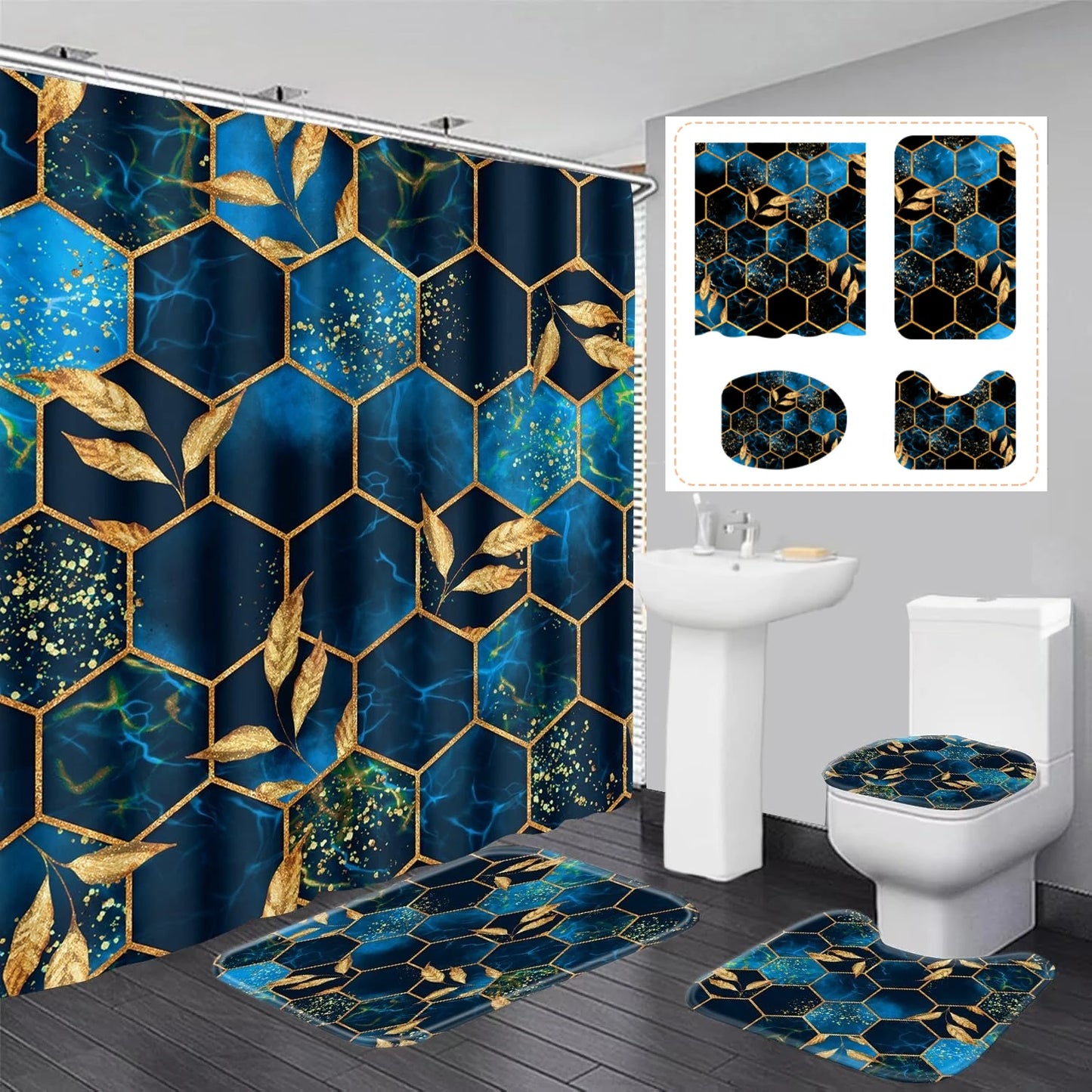 Shower Curtain Set With Bath Mat And U Shape Toilet Lid Cover