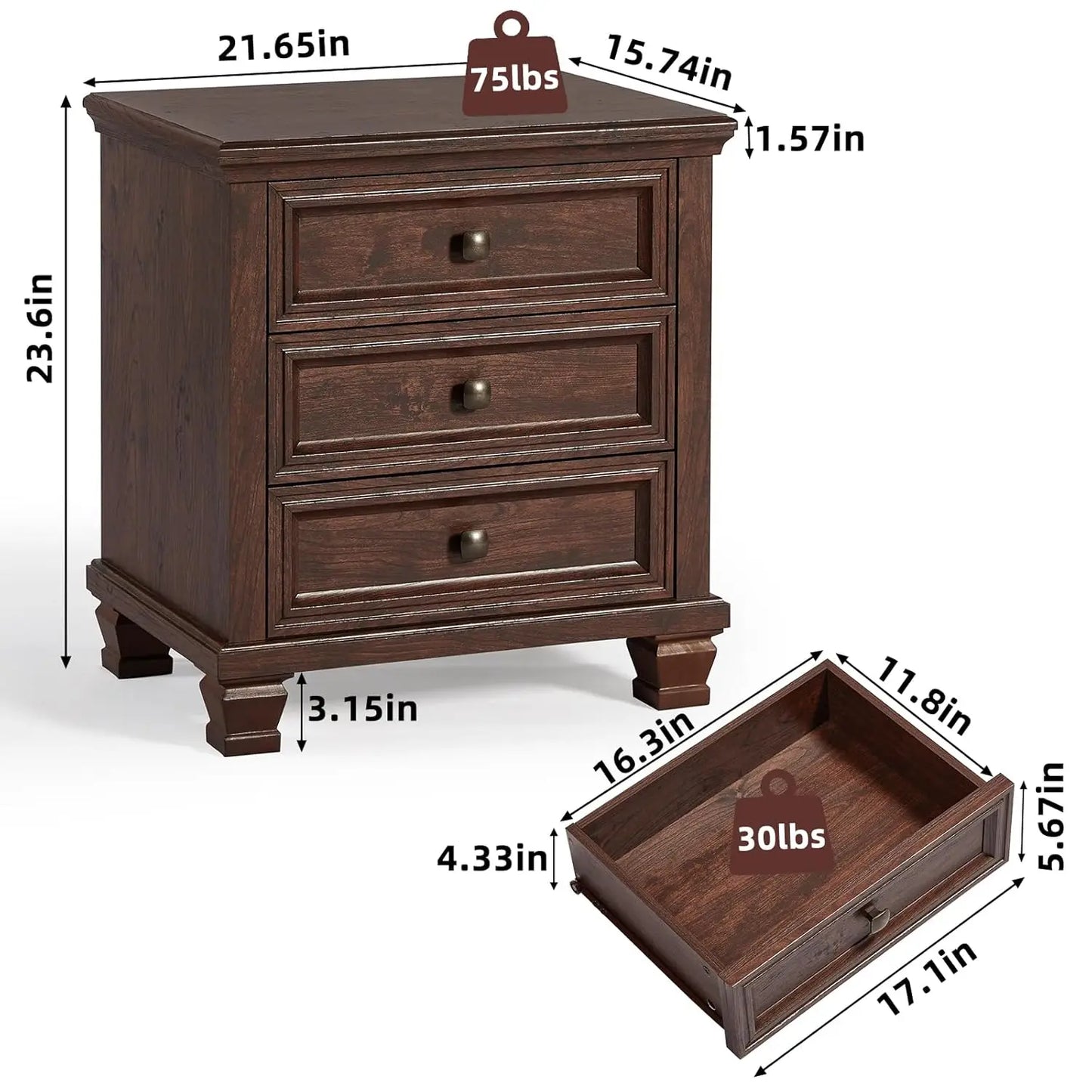 Farmhouse Nightstand Set of 2, Rustic Couch End Table with 3 Drawers & 4 Square Solid Wood Legs, Vintage Bed Side, Customized