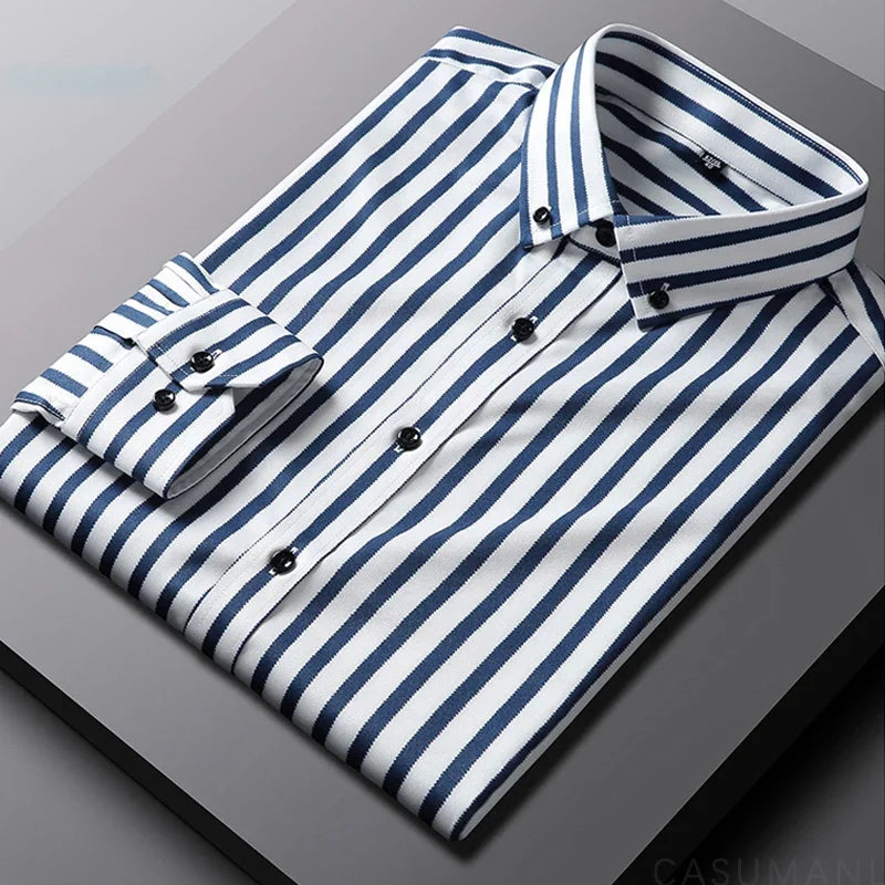 BROWON Brand 2026 Spring Tuxedo Shirt Men Long Sleeve Button Collar Wedding Party Striped Shirt for Man Plus Size 5XL