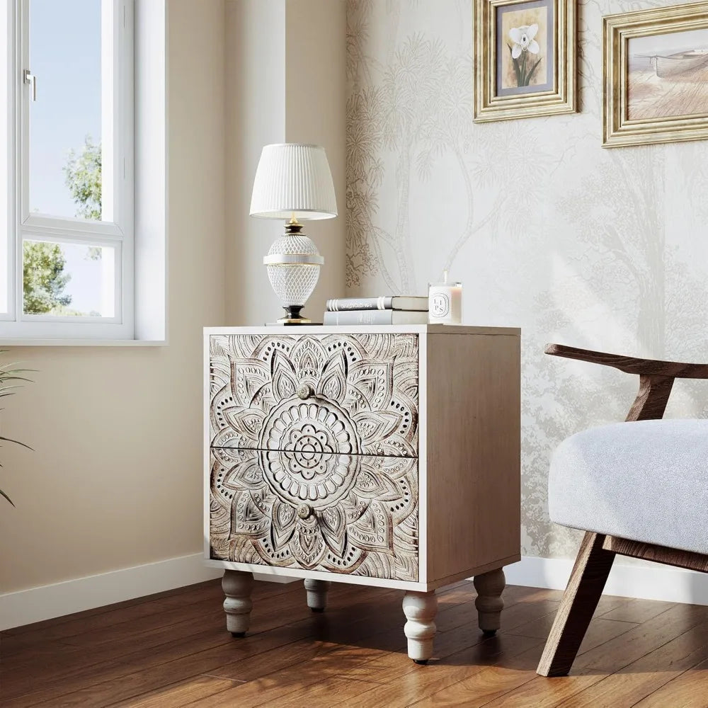 White Nightstand with 2 Drawers, Lotus Flower Carved Wood Bedside Table, Small Nightstand Side Table, Easy Assembly, Customized