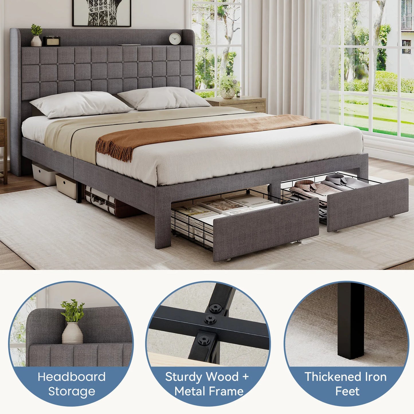 JHK Wood Bed Frame with 2 Storage Drawers Fabric Headboard Upholstered Platform Bed Frame Wooden Slats Support 1323 lbs Weight Capacity No Box Spring Needed Easy Assembly
