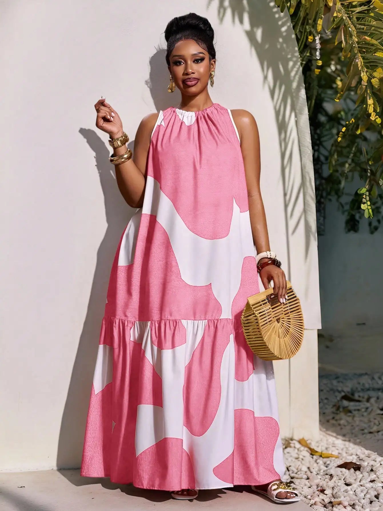 Plus Size Sleeveless Tiered Maxi Dress With Red White Abstract Print A-Line Cut