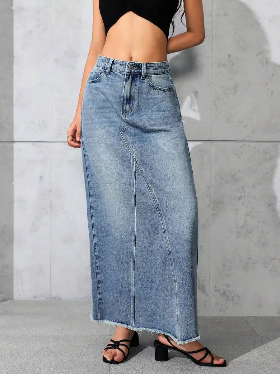 Women's High-Waisted Wide-Leg Denim Skirt with Frayed Hem