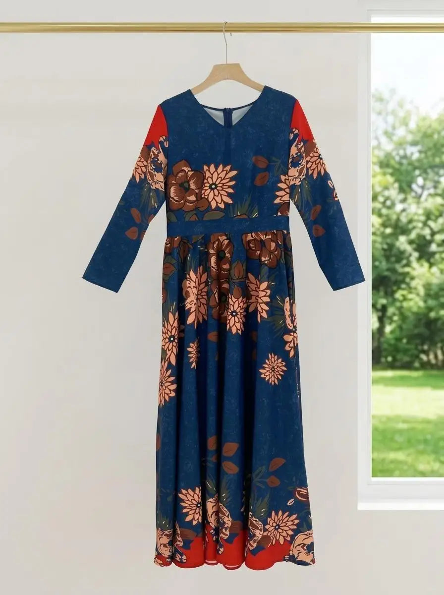 Women's V Neck Long Sleeve Color Block Floral Print Flowy Maxi Dress For Travel Dinner Outdoor Weekend Fashion Occasions