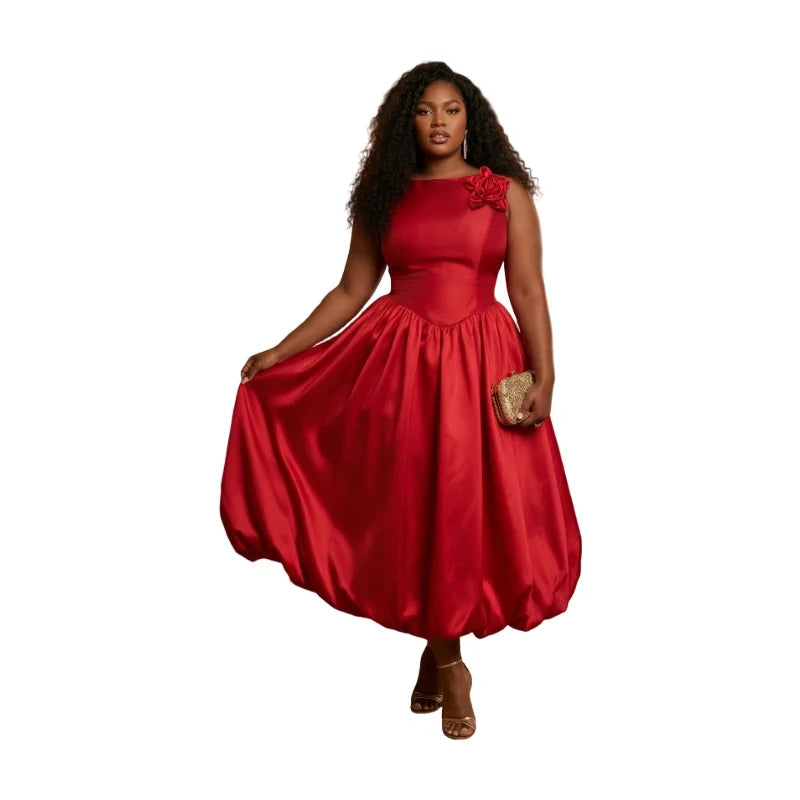 Women's Round Neck Sleeveless Pleated Midi Dress Big Size For Wedding Guest Evening Formal Banquet Elegant Fashion Occasions