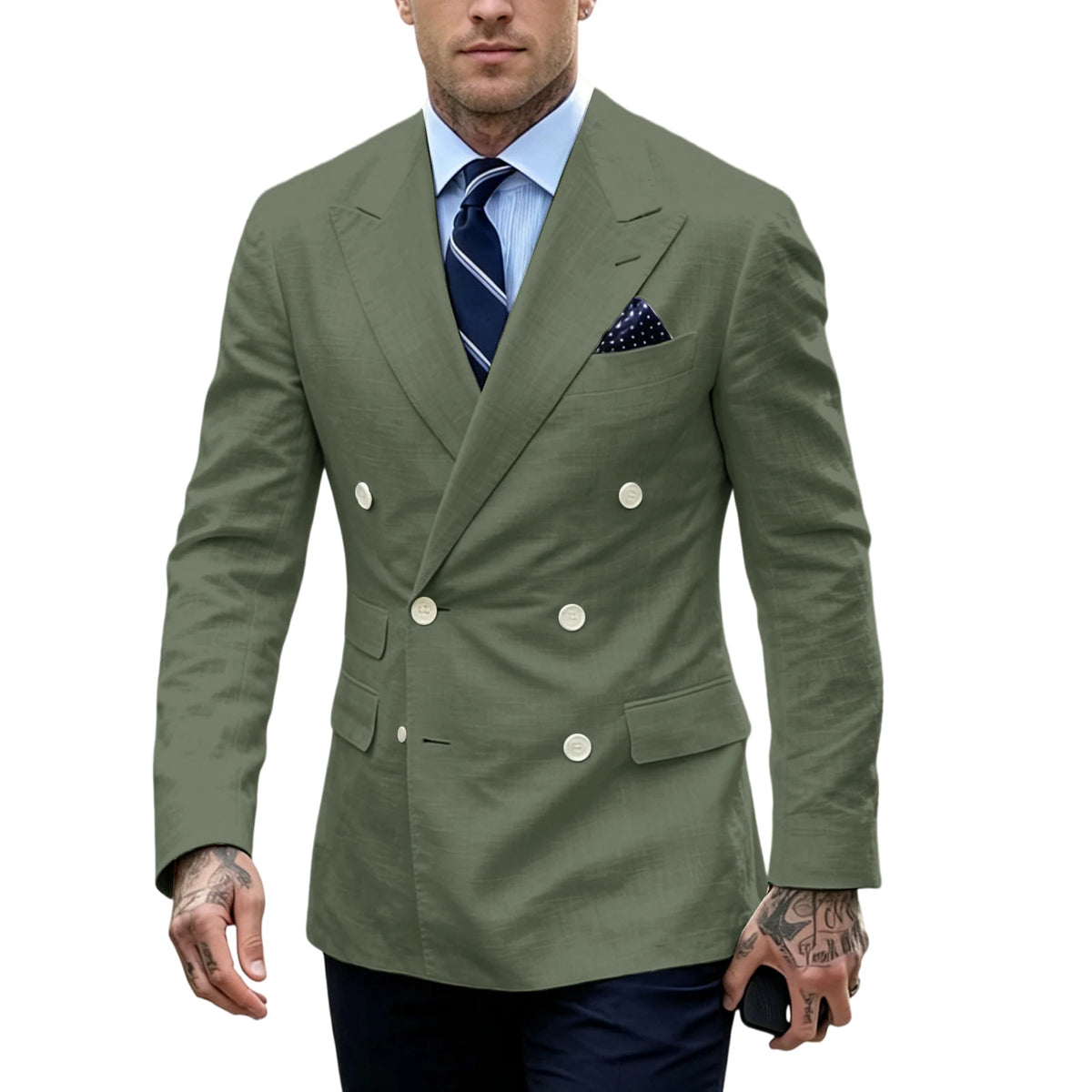 Men's Double Breasted Blazer Slim Fit Linen Suit Jacket Formal Business Casual Tuxedo for Wedding Prom Office Party Daily Wear