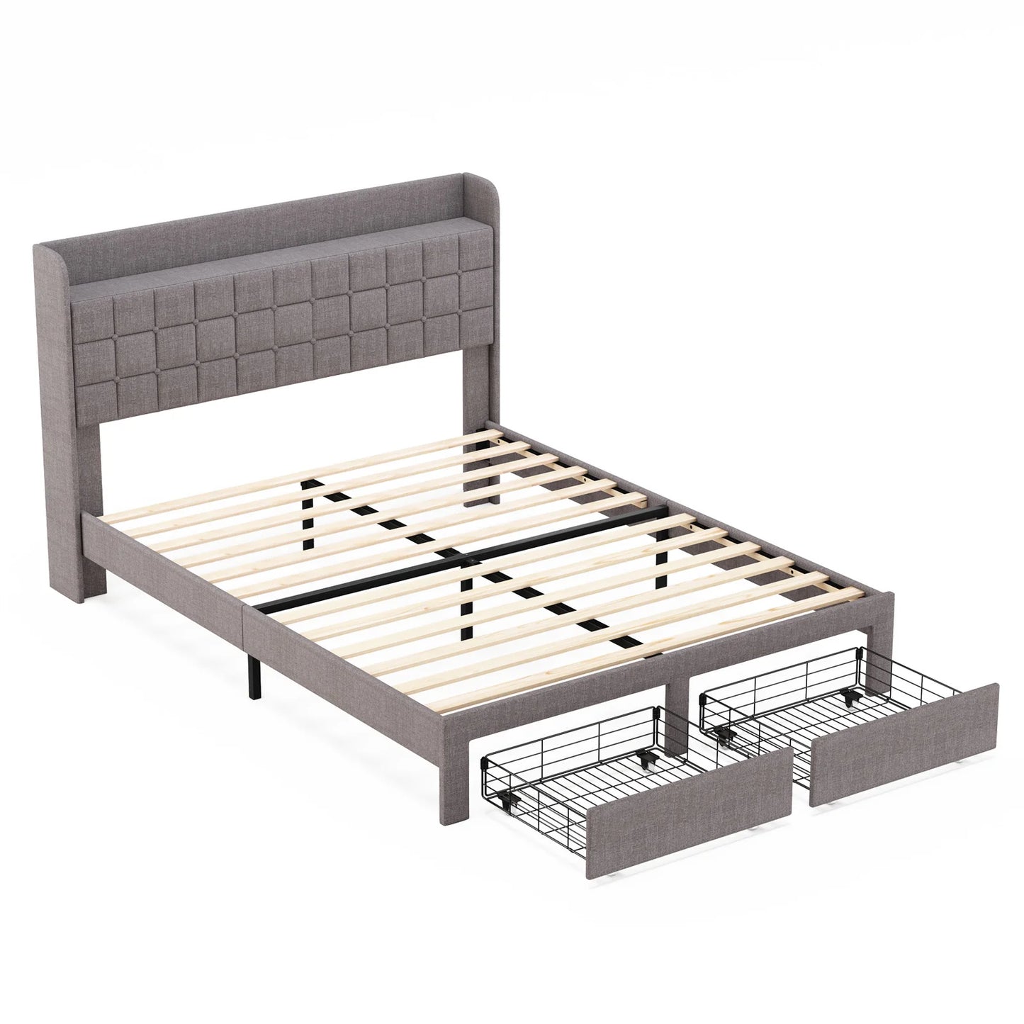 JHK Wood Bed Frame with 2 Storage Drawers Fabric Headboard Upholstered Platform Bed Frame Wooden Slats Support 1323 lbs Weight Capacity No Box Spring Needed Easy Assembly