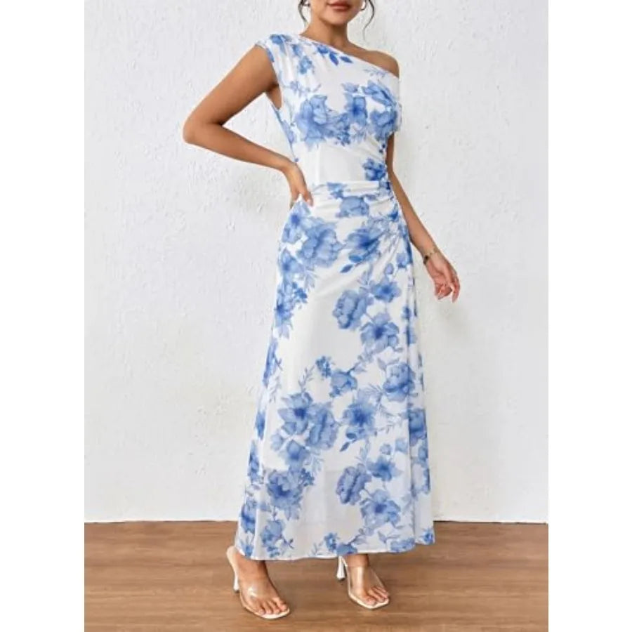BLENCOT Women's Floral Off Shoulder Maxi Dress Ruched Bodycon Summer Wedding Guest Party Gown