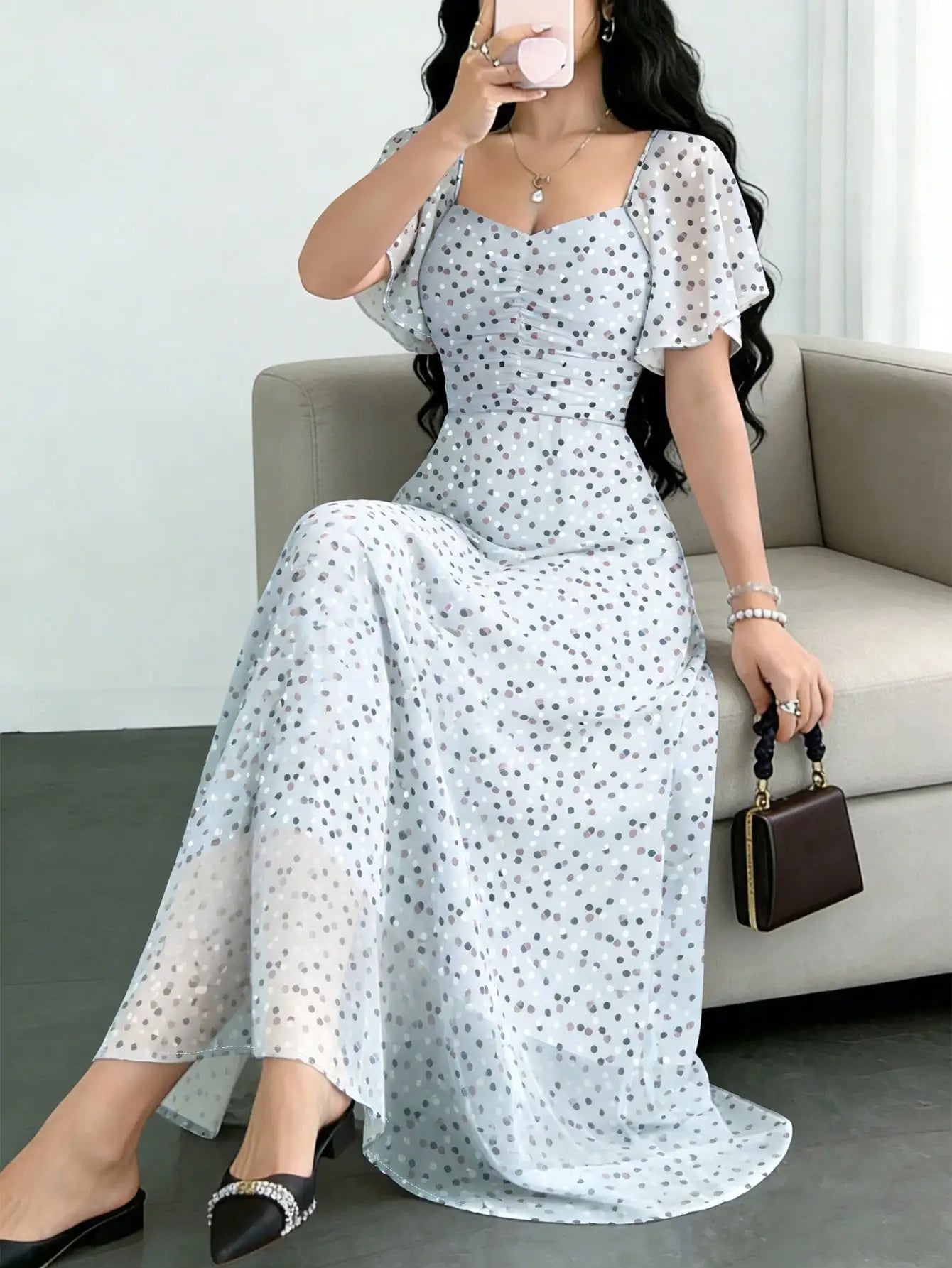 Women's Chiffon Butterfly Print Ruched Square Neck Batwing Sleeve Maxi Dress